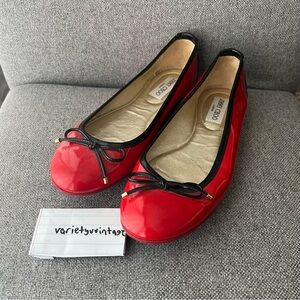 Jimmy Choo Red Patent Leather Flats with Black Bow